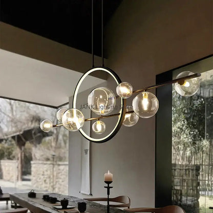 Modern white glass strip bubble chandelier with circular frame and brass rods featuring multiple glass globe bulbs