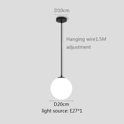 Minimalist black pendant light with frosted white globe shade and adjustable wire for modern kitchen dining room lighting