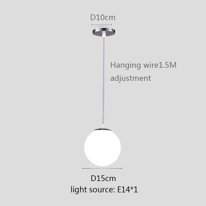 Minimalist pendant light with a white globe shade frosted glass globe and chrome ceiling mount for kitchen and dining room
