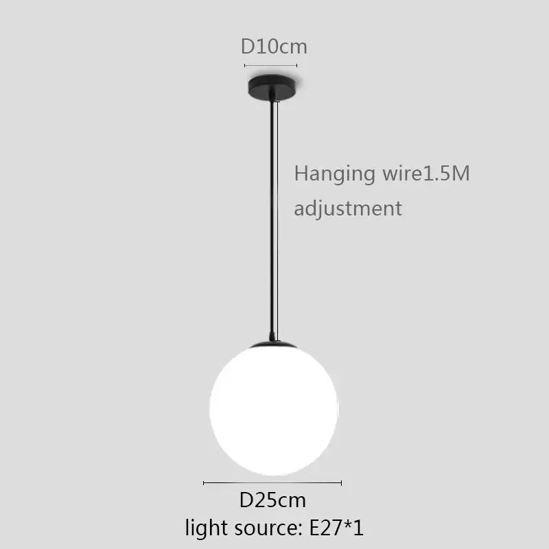Minimalist black spherical pendant light with frosted white globe shade and adjustable hanging wire for kitchen or dining room