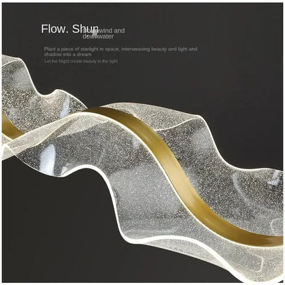 Modern white and gold acrylic ribbon led ceiling chandelier with wave-shaped glass and decorbites acrylic ribbon accents