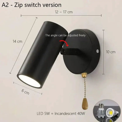 Black cylindrical wall lamp with adjustable angle and brass pull chain switch for decorbites adjustable nordic led decor