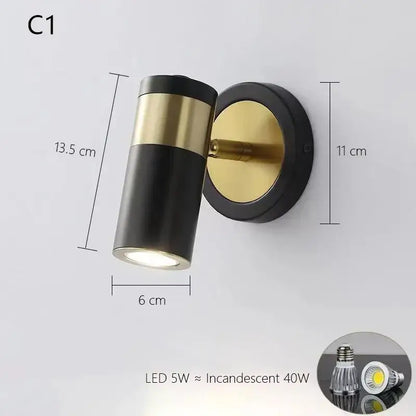 Black and gold cylindrical decorbites adjustable nordic led wall lamp with spotlight for modern bedroom decor