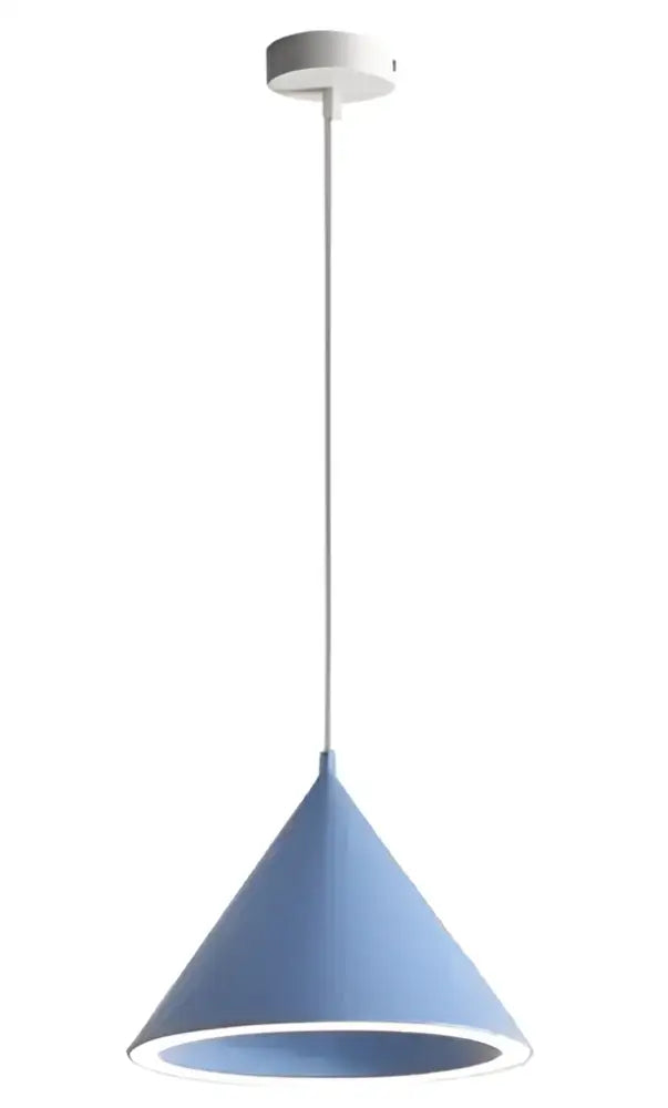 A sleek matte blue annular cone pendant lamp with white ceiling mount by decorbites for modern living room decor