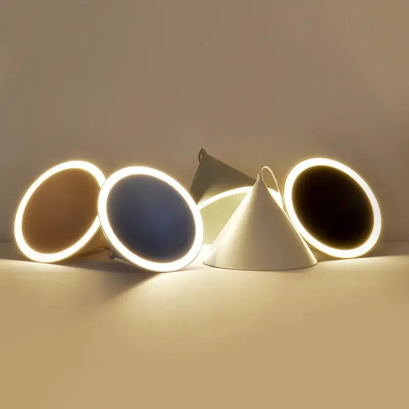 Modern white and gold annular cone pendant lamp with geometric led vanity mirrors featuring illuminated edges decorbites annular cone