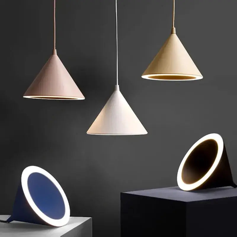 Modern white and gold decorbites annular cone pendant lamp with matte pastel pink white wood tones and illuminated led rings