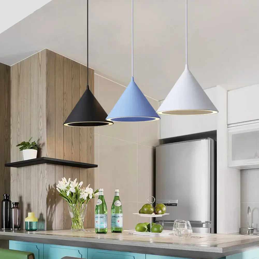 Modern white and gold annular cone pendant lamp featuring three cone-shaped decorbites annular cone pendant lights in black blue and white