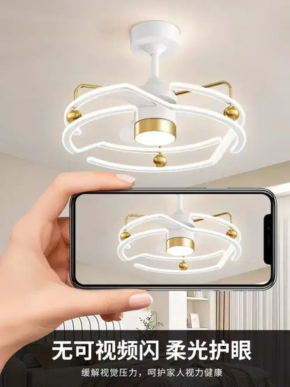 Modern white and gold ceiling fan light with integrated led and sleek curved design for elegant bedroom use