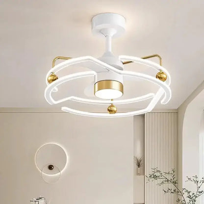Modern white and gold ceiling fan light with integrated led lighting and curved arms for elegant bedroom use