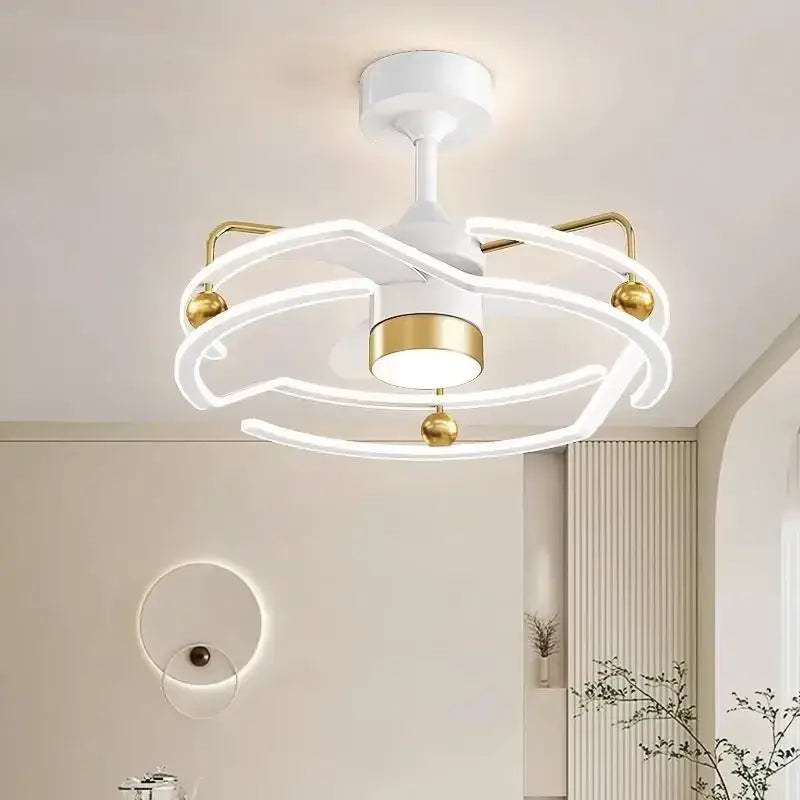 Modern white and gold ceiling fan light with integrated led lighting and curved arms for elegant bedroom use