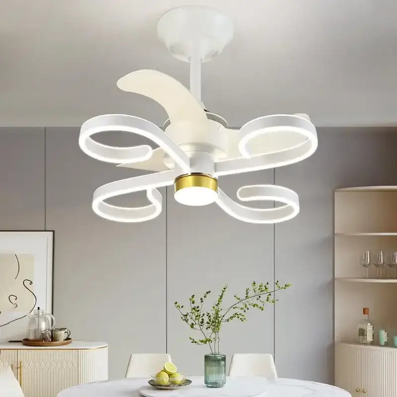 Modern white and gold ceiling fan light with elegant flowing blade design and gold-accented central light fixture