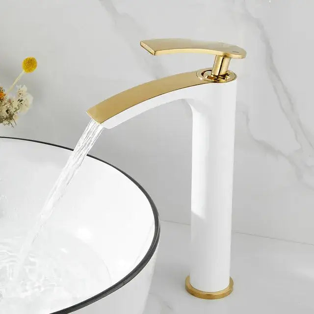 Modern white and gold ceramic brass bathroom basin faucet with a sleek curved spout decorbites brass bathroom basin faucet