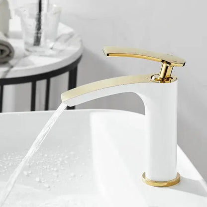 Modern white and gold ceramic brass bathroom basin faucet with gold-accented sleek design decorbites brass bathroom
