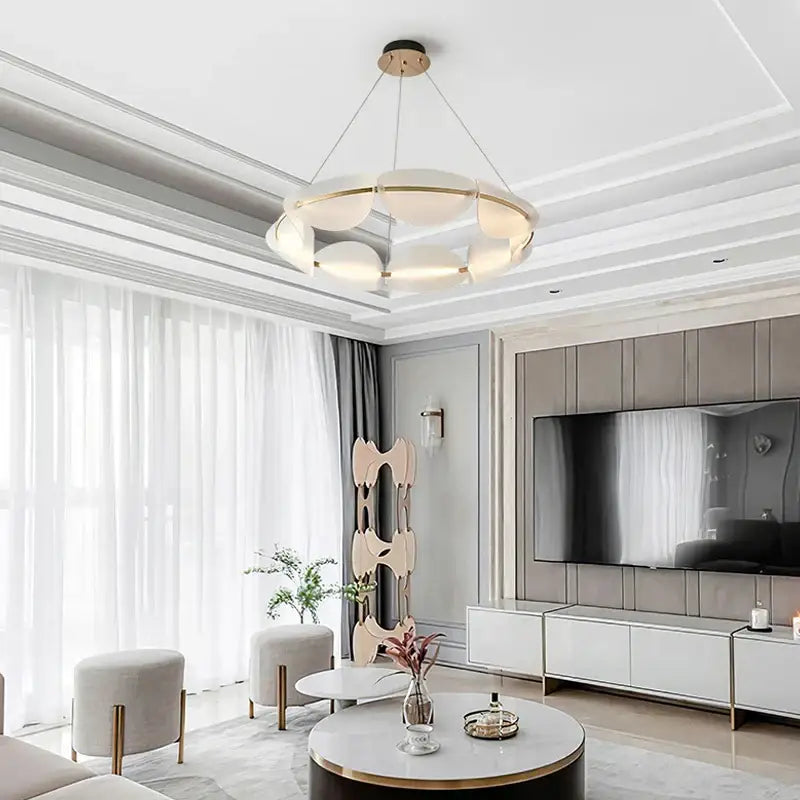 Modern white and gold decorbites circular petal led chandelier with layered translucent shades for living room light