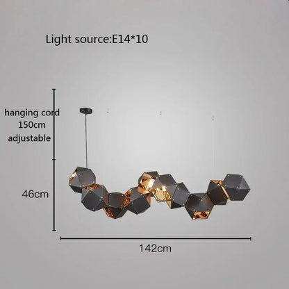 Modern white and gold cube led pendant light featuring a black and gold hexagonal geometric chandelier design for dining room decorbites cube led