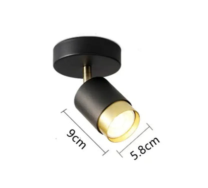 Modern white and gold decorbites ceiling chandelier with black and brass accent spotlight and sleek cylindrical design