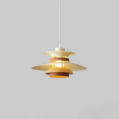 Modern white and gold designer pendant light with cream layered metal and wood shades for living room decorbites pendant light