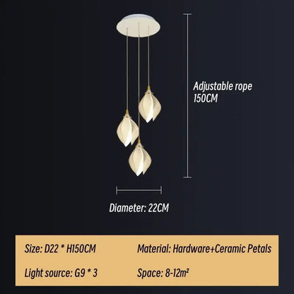 Modern white and gold leaf ceramic led staircase pendant light with elegant ceramic petal shades by decorbites ceramic led