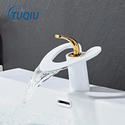 Modern white and gold basin faucet with black brass waterfall spout by decorbites for bathroom sink mixer tap