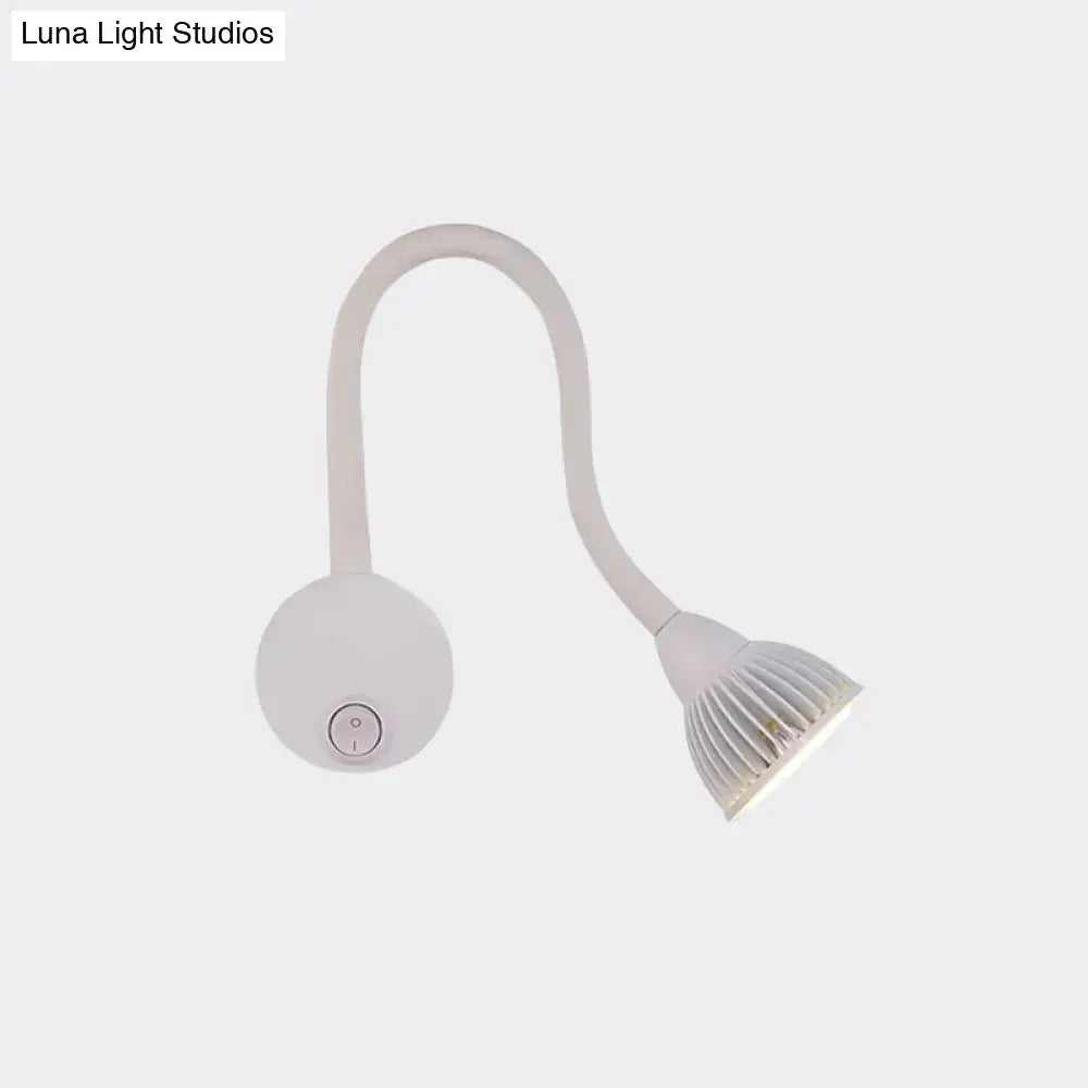Modern white gooseneck wall sconce light with flexible arm and ridged led head for direct wired electric bedroom reading