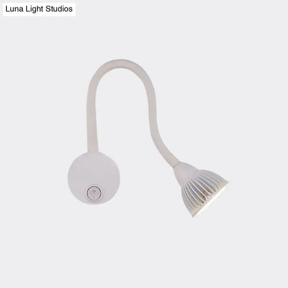 Modern white gooseneck wall sconce light with flexible arm and ridged led head for direct wired electric bedroom reading