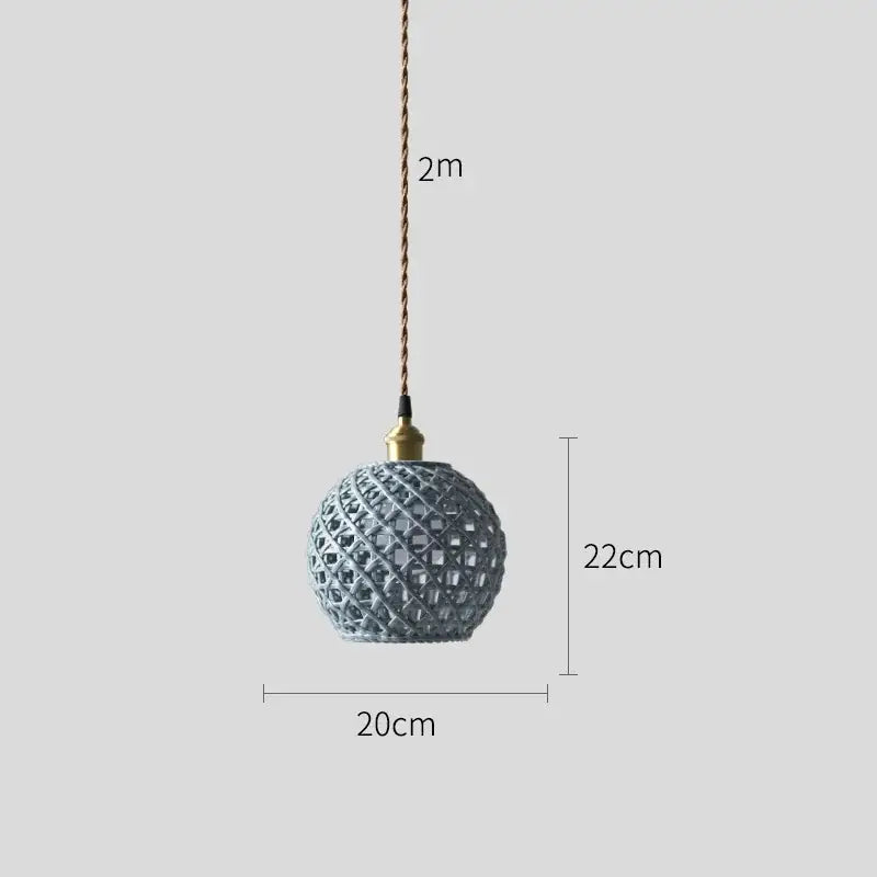 Gray spherical ceramic led pendant light with woven lattice design and brass hardware for modern dining decorbites ceramic led