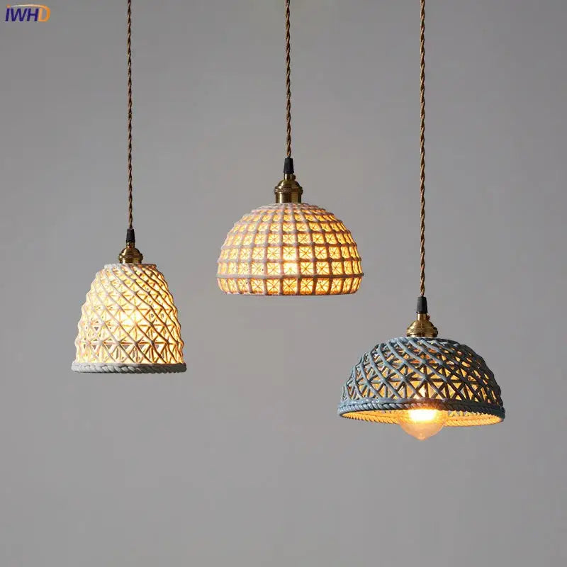Three modern white and gray geometric ceramic led pendant lights with woven shades for dining room decorbites ceramic led