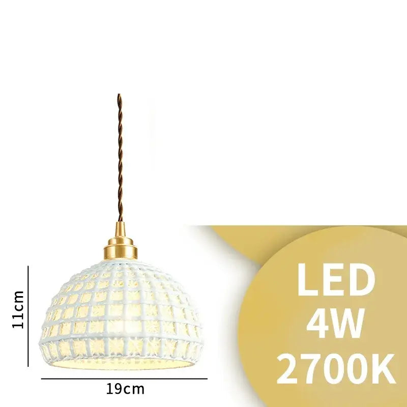 Modern white and gray geometric decorbites ceramic led pendant light with grid pattern and gold-toned accents for dining room