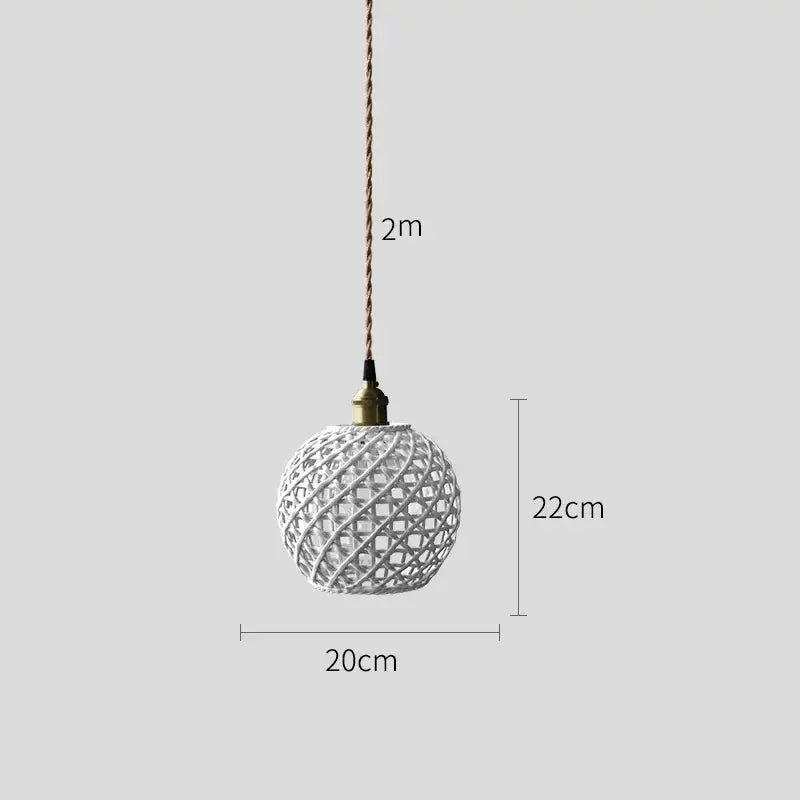 Modern white woven spherical decorbites ceramic led pendant light with brass fixture and braided cord for dining room decor