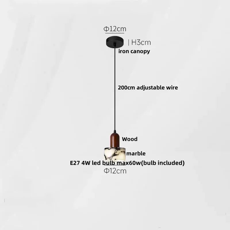 Modern white and gray marble pendant light with black iron canopy and wooden base featuring decorbites 3d printed ball led