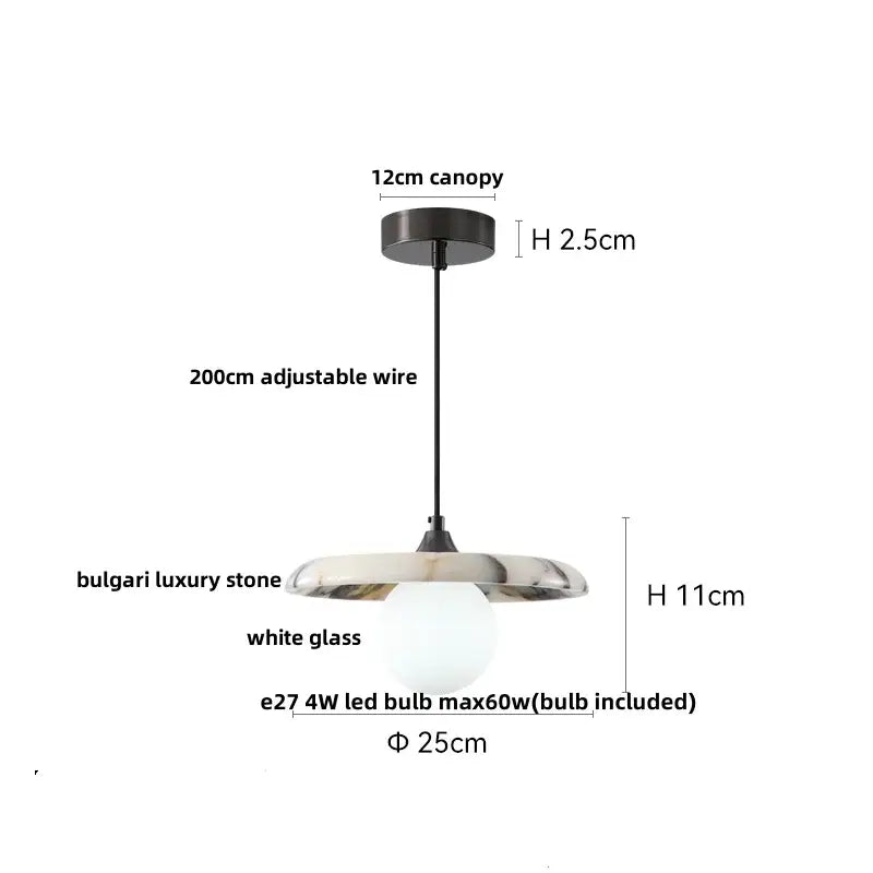 Modern pendant light with a white glass globe encased in burgundy stone and black canopy decorbites 3d printed ball led