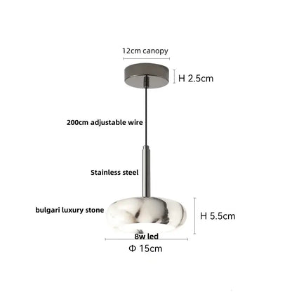 Modern white and gray marble pendant light with bulgari luxury stone shade and stainless steel canopy featuring printed ball led decorbites 3d printed