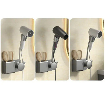 Modern white and gray metallic wall mounted hair dryer holder with Mickey Mouse design and integrated brush storage for decorbites bathroom hair