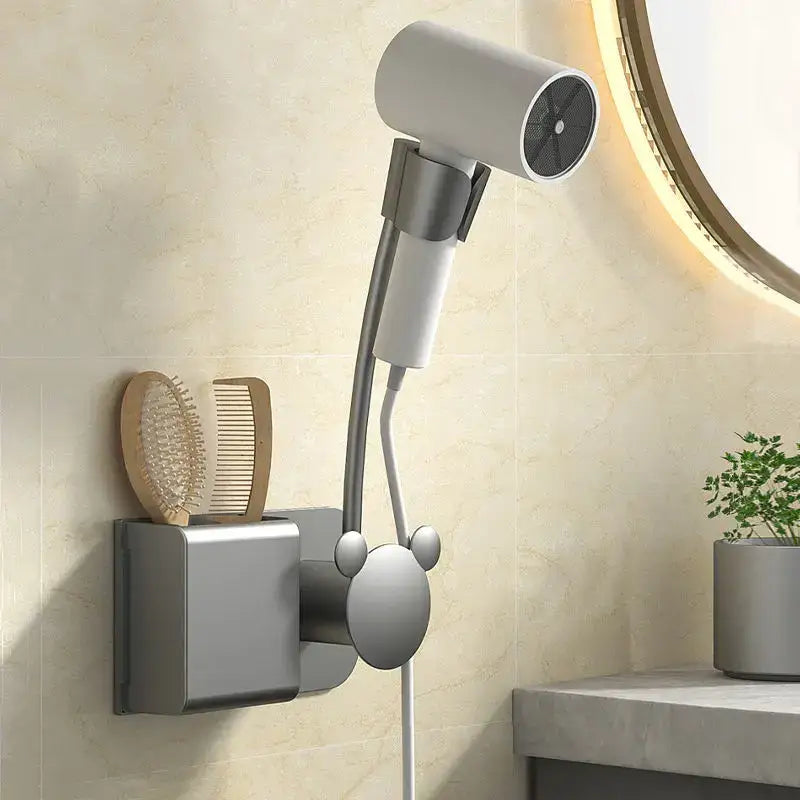 Modern white and gray wall mounted hair dryer holder with mickey mouse ears design for decorbites bathroom hair dryer storage