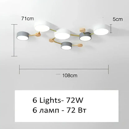 Modern white and gray wood ceiling chandelier with six circular lamp heads and gold-toned metal arms for living room
