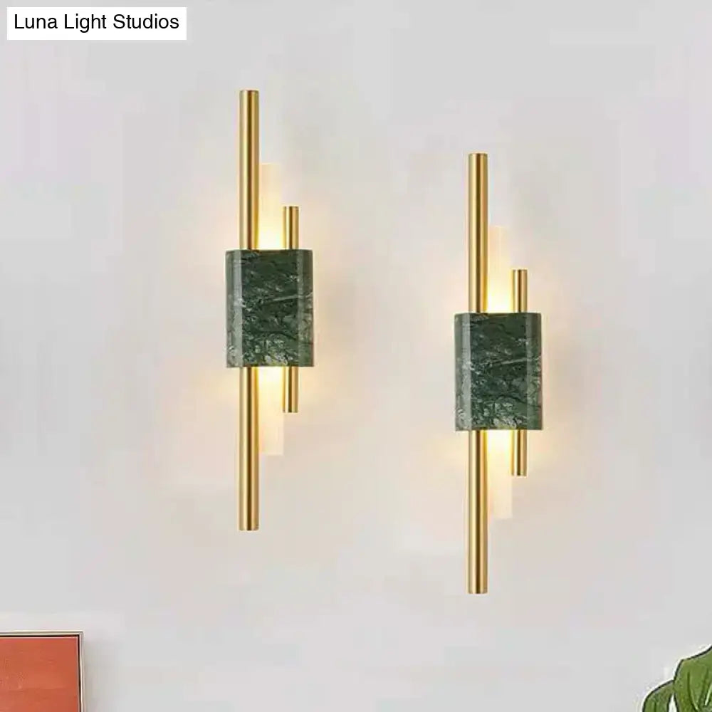 Modern white and green marble wall lamp with polished gold metal rods energy efficient and cost effective lighting solution