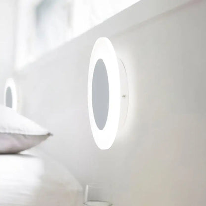 Modern white halo ring wall lighting fixture with circular white led mirror and glowing ring light for bedroom wall lighting
