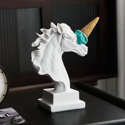 Modern white horse head sculpture decorbites horse head made of resin with golden waffle cone and teal ice cream horn for living room decor