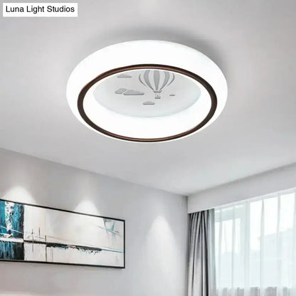 DecorBites™ contemporary LED ceiling lamp with white frosted glass featuring etched hot air balloon and dark brown ring
