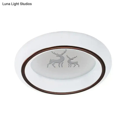 Decorbites™ contemporary white oval LED ceiling lamp with bronze rim frosted glass and etched deer and hot air balloon design