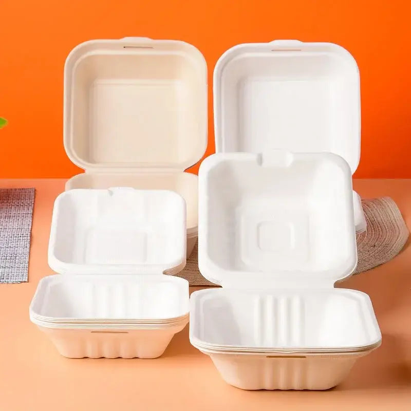 Modern white stackable biodegradable dessert box set with hinged lids and ribbed bases for decorbites biodegradable dessert use
