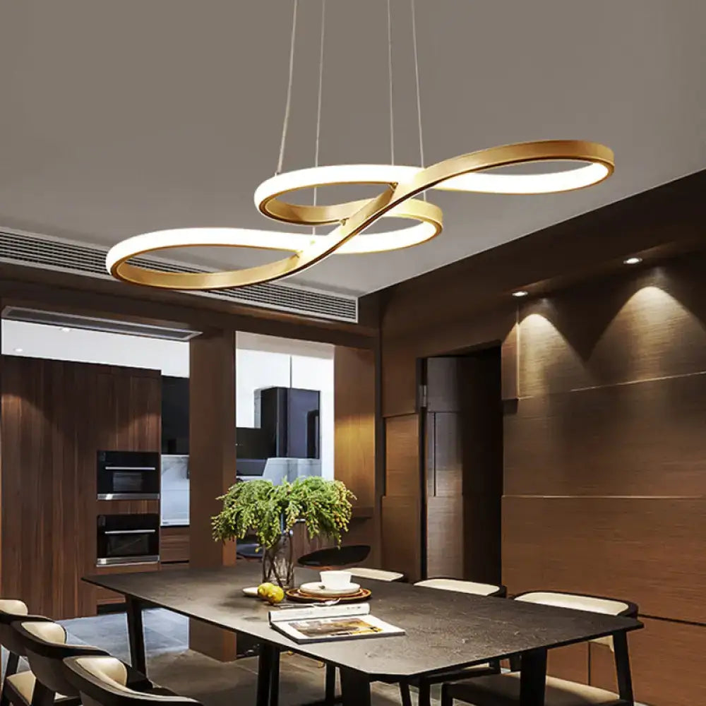 Gold infinity-shaped minimalist metal led island light with warm glow and third gear remote control for dining room