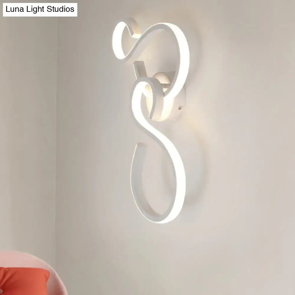 Modern white led wall sconce with sleek s-shaped design and infinity spiral light type bulb included for living room use