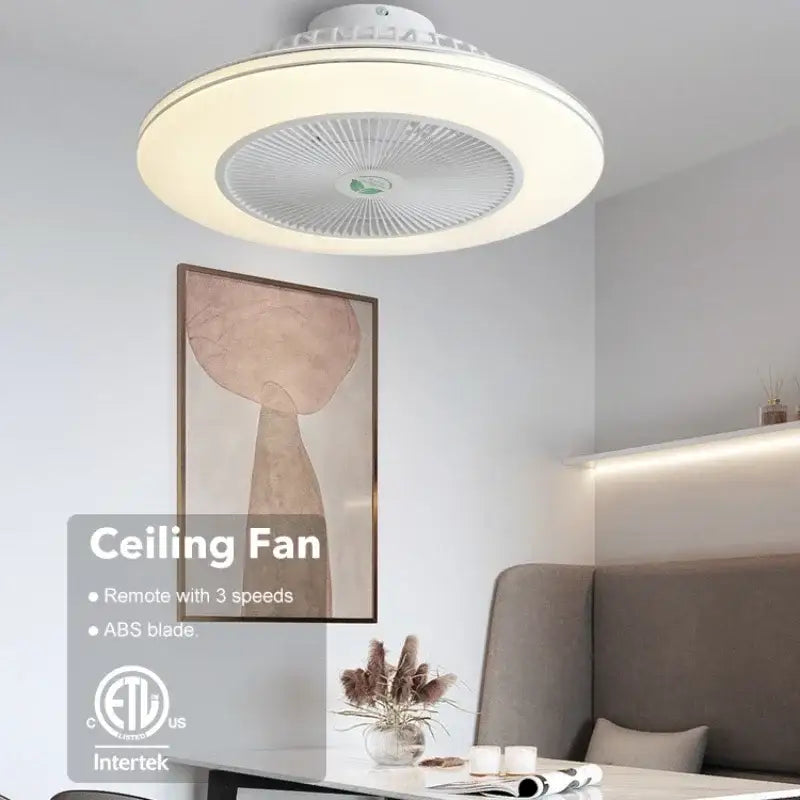 Modern white invisible blade led ceiling fan with abs blades and integrated lighting for bedroom decorbites invisible blade