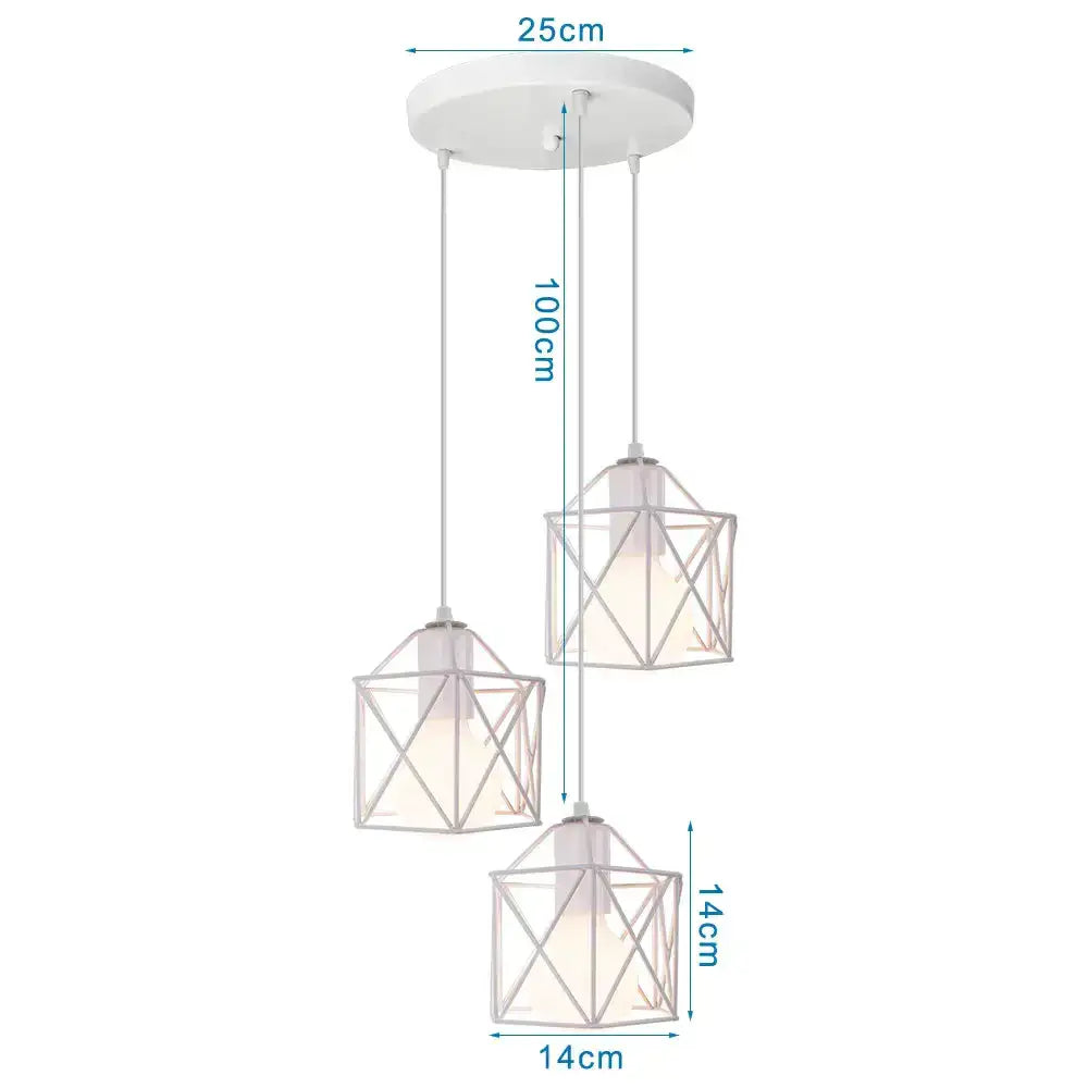 Modern white iron cage pendant lights featuring three hanging cube-shaped metal and frosted glass shades for kitchen decorbites iron cage pendant lighting