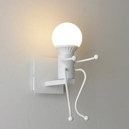 Modern white iron man cartoon wall sconce made of iron features a stick figure design with articulated limbs and bulb head