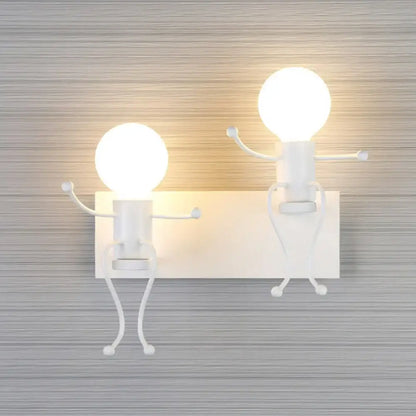 Modern white iron man cartoon wall sconce featuring two whimsical stick-figure characters with glowing bulb heads