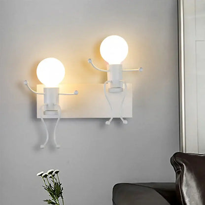 Modern white iron man cartoon wall sconce in iron with two glowing spherical bulb heads for bedroom use