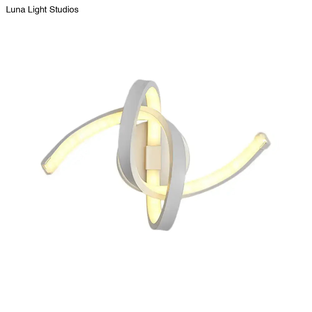 Modern white knotted linear wall sconce featuring sleek gray and warm yellow intertwined LED light tubes for bedroom use