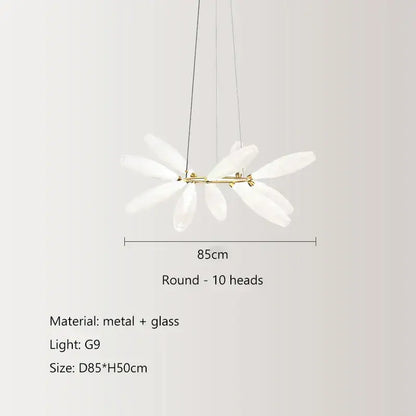 Modern white leaf elegant glass led pendant light featuring a delicate white glass dragonfly design with gold frame and ten heads
